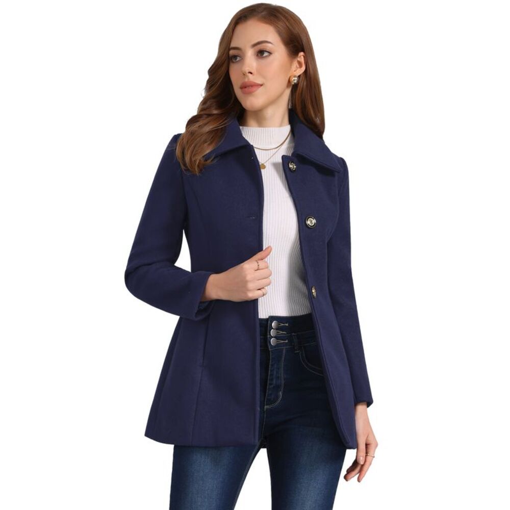 Turn Down Collar A-Line Single Breasted Winter Coat with Pockets Dark Blue